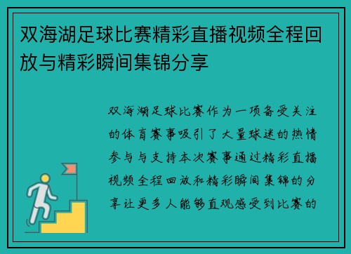 双海湖足球比赛精彩直播视频全程回放与精彩瞬间集锦分享